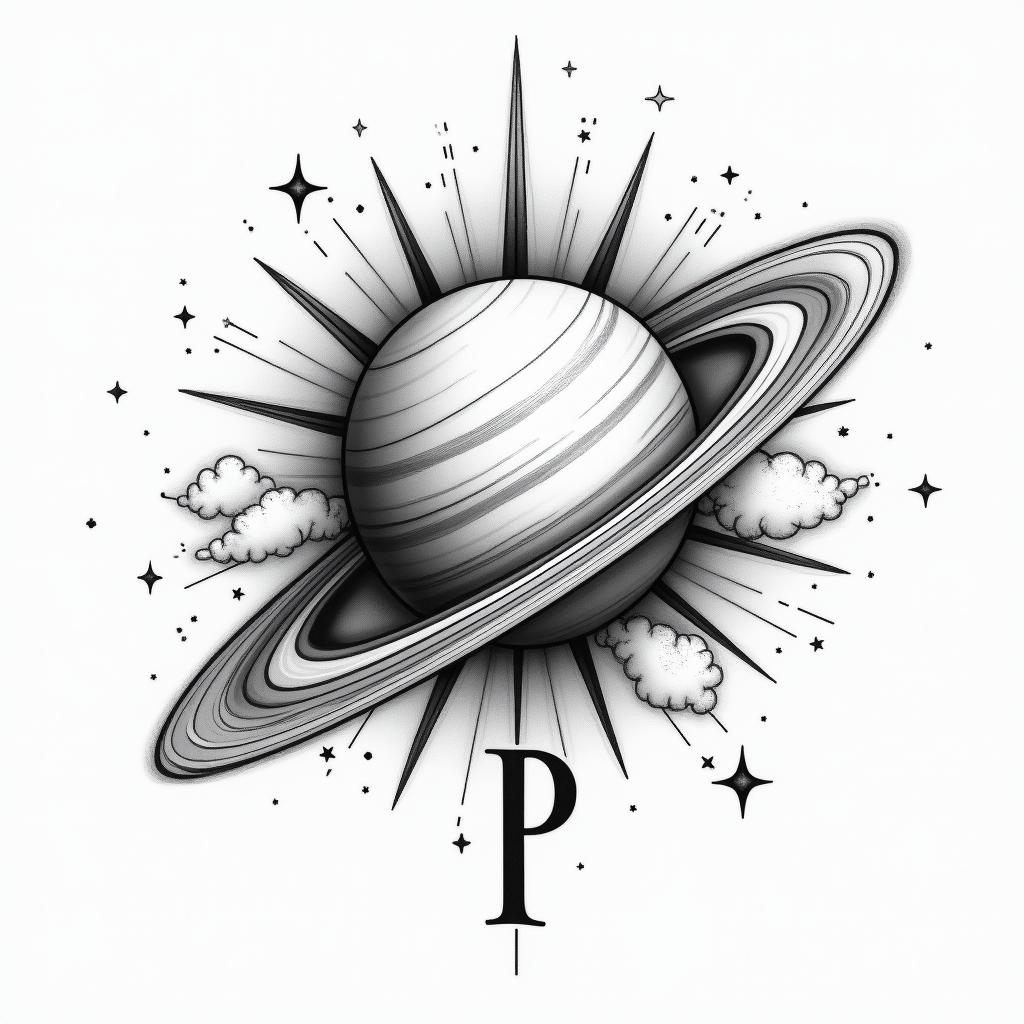 A Japanese-style tattoo design featuring Saturn, symbolizing loss and love, with the initial "P" incorporated into the design. Surround Saturn with gentle, swirling elements like clouds or stars to represent the profound connection to a lost child, combining elegance and emotional depth.higly detailed tattoo - Variation 4