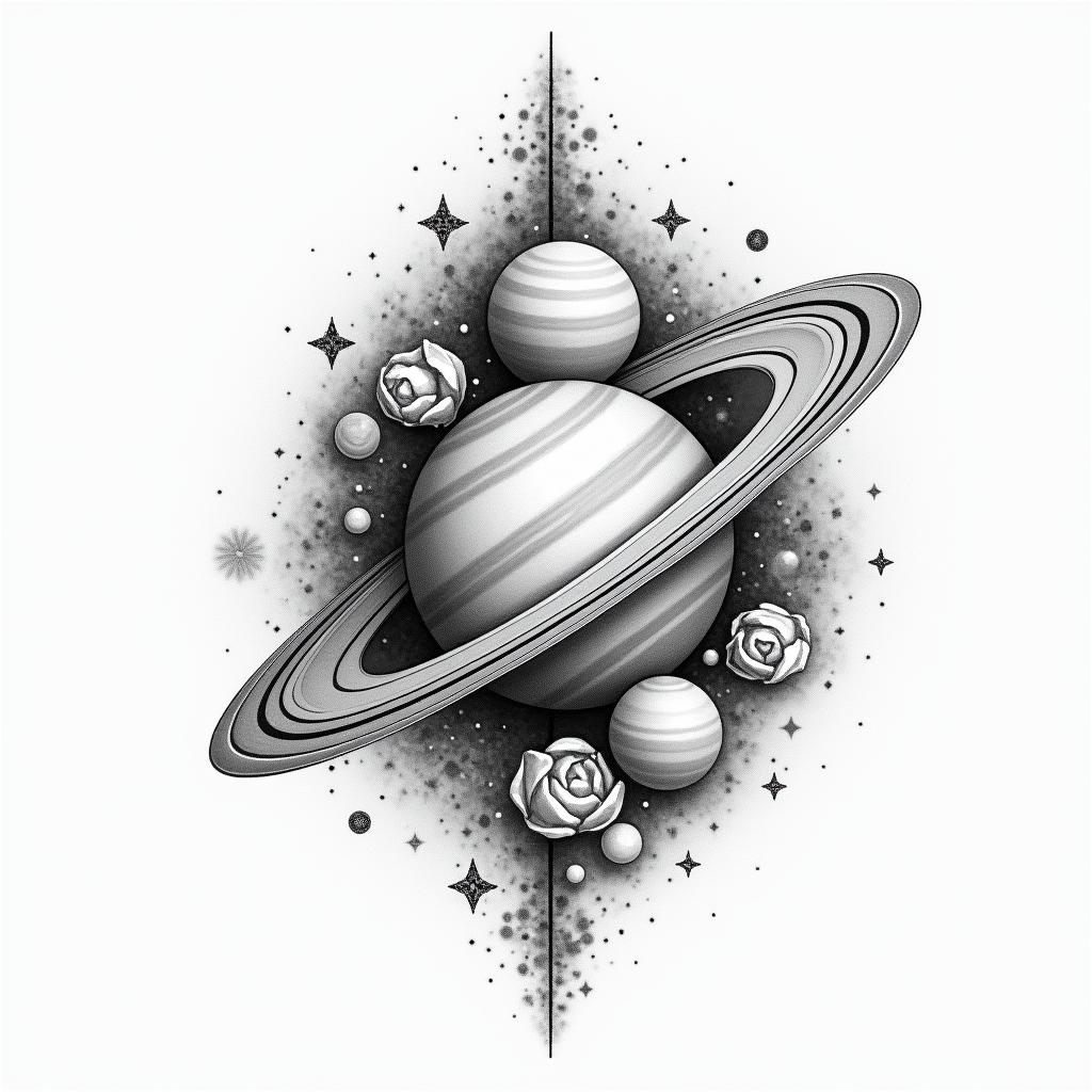 A Japanese-style tattoo design featuring Saturn, symbolizing loss and love, with the initial "P" incorporated into the design. Surround Saturn with gentle, swirling elements like clouds or stars to represent the profound connection to a lost child, combining elegance and emotional depth.higly detailed tattoo - Variation 2