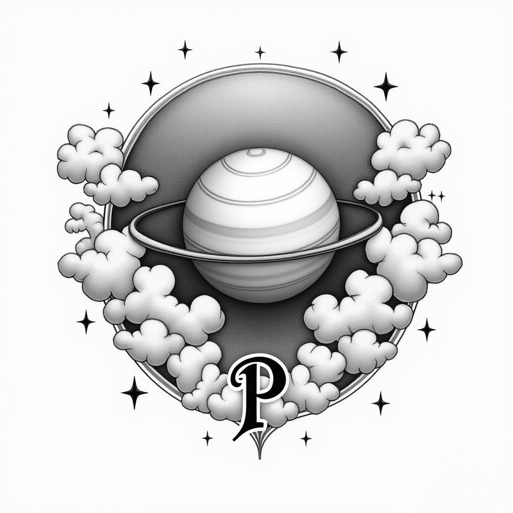 A Japanese-style tattoo design featuring Saturn, symbolizing loss and love, with the initial "P" incorporated into the design. Surround Saturn with gentle, swirling elements like clouds or stars to represent the profound connection to a lost child, combining elegance and emotional depth.higly detailed tattoo - Variation 3