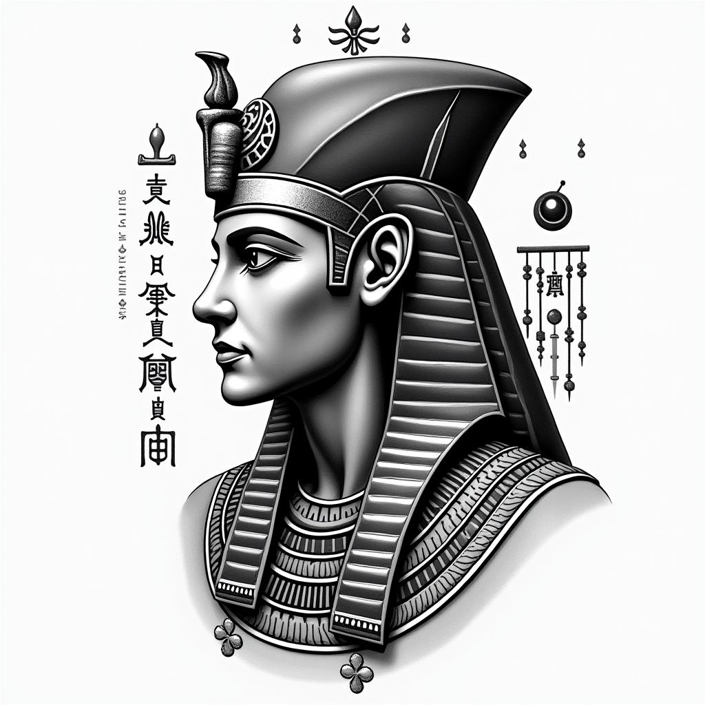 Stoicismin egyptian style tattoo, bold elements of ancient egyptian culture including a portrait of an Egyptian pharaoh with detailed facial features, in hieroglyphs and symbolic imagery, eye of horus, ankh symbol, scarab beetle - Variation 6