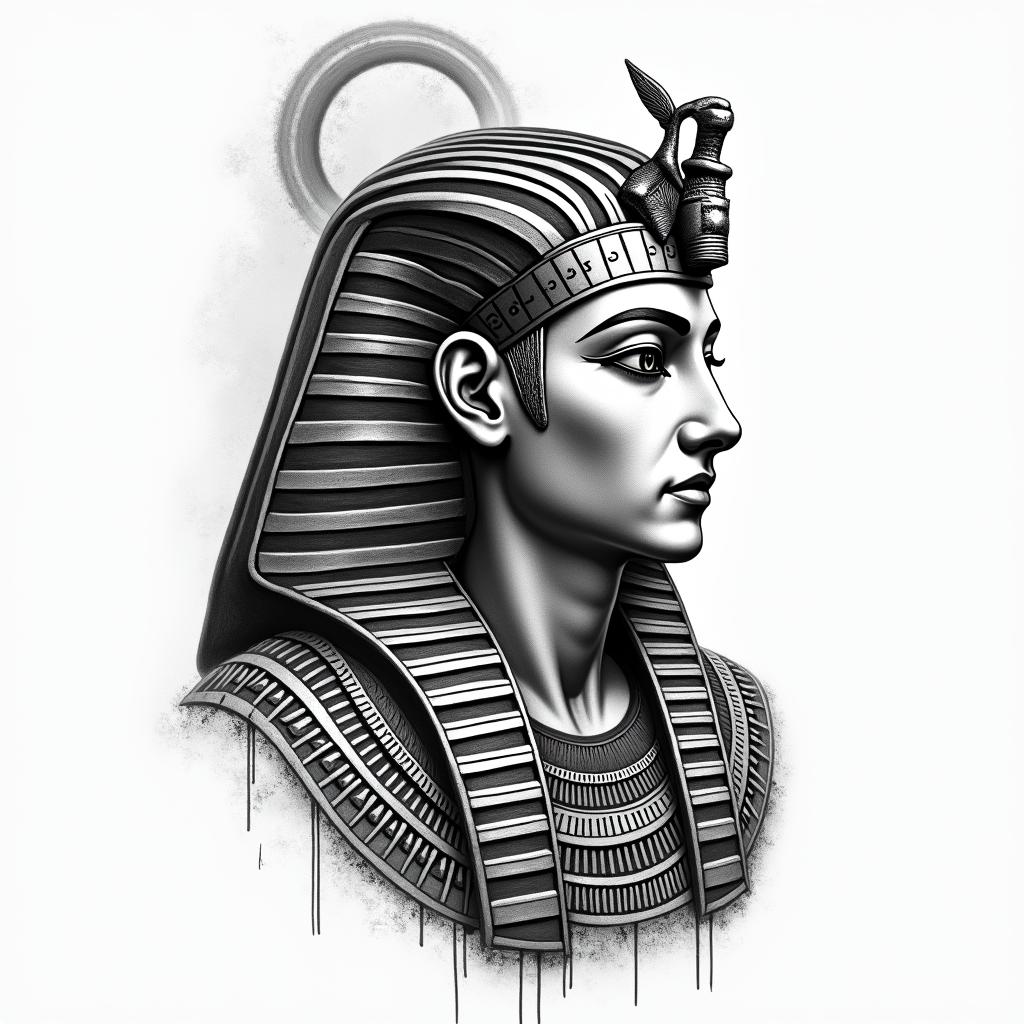 Stoicismin egyptian style tattoo, bold elements of ancient egyptian culture including a portrait of an Egyptian pharaoh with detailed facial features, in hieroglyphs and symbolic imagery, eye of horus, ankh symbol, scarab beetle - Variation 7