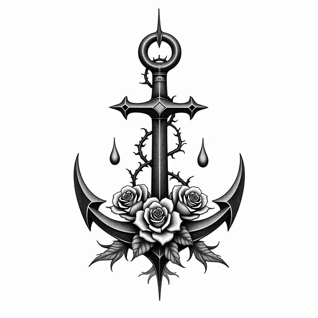 Anchor intertwined with roses and thornsin paganic style tattoo, featuring ancient symbols, add vegvisir symbol, mystical figures, incorporating designs, pentagrams, runes, crescent moons, - Variation 3