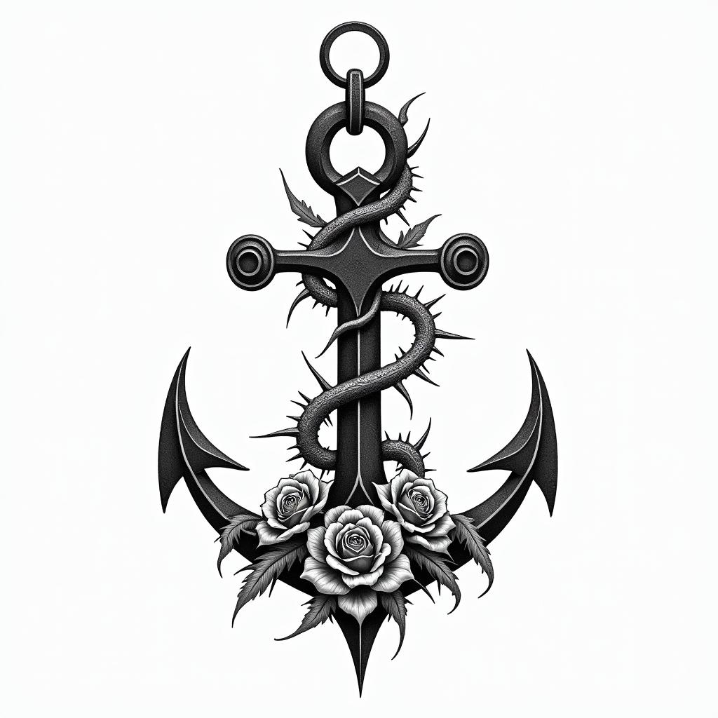 Anchor intertwined with roses and thornsin paganic style tattoo, featuring ancient symbols, add vegvisir symbol, mystical figures, incorporating designs, pentagrams, runes, crescent moons, - Variation 2