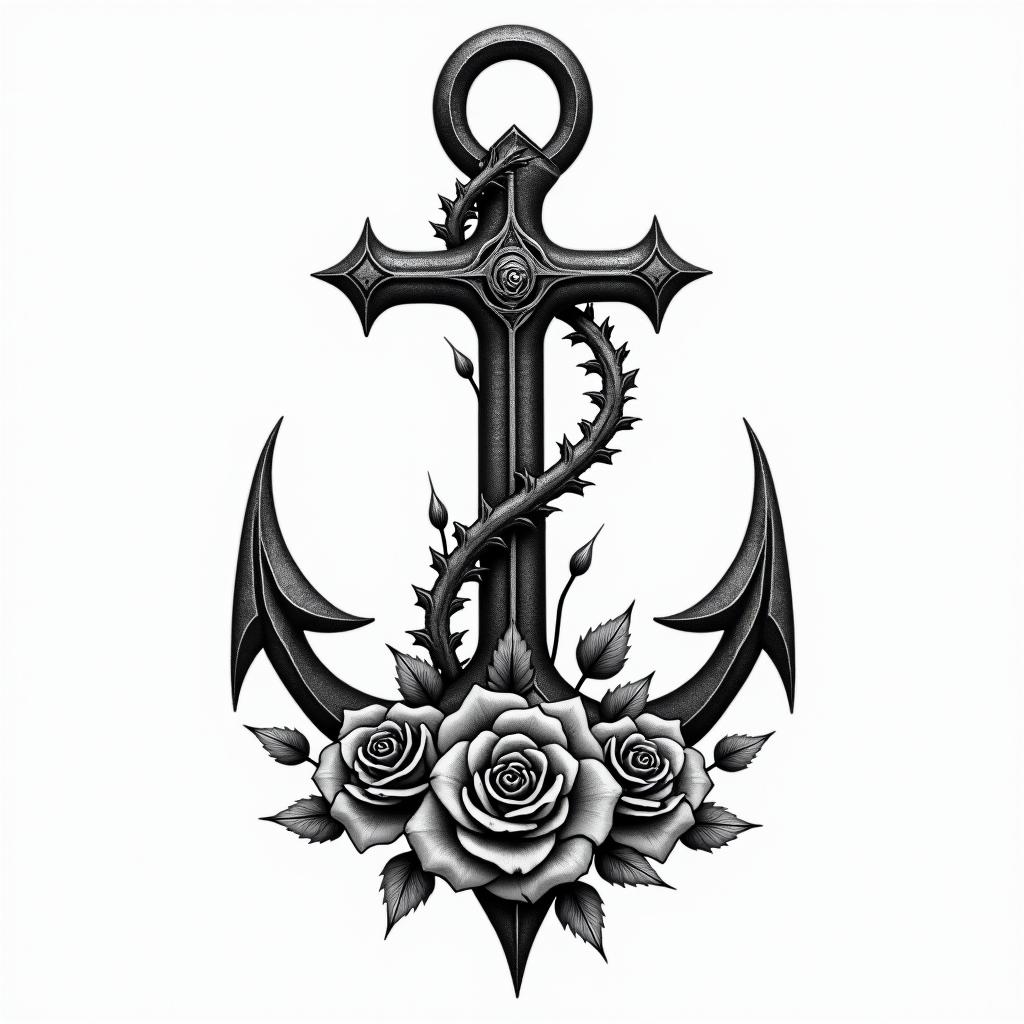 Anchor intertwined with roses and thornsin paganic style tattoo, featuring ancient symbols, add vegvisir symbol, mystical figures, incorporating designs, pentagrams, runes, crescent moons, - Variation 4