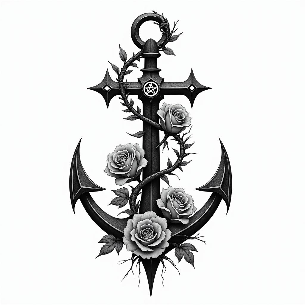 Anchor intertwined with roses and thornsin paganic style tattoo, featuring ancient symbols, add vegvisir symbol, mystical figures, incorporating designs, pentagrams, runes, crescent moons,