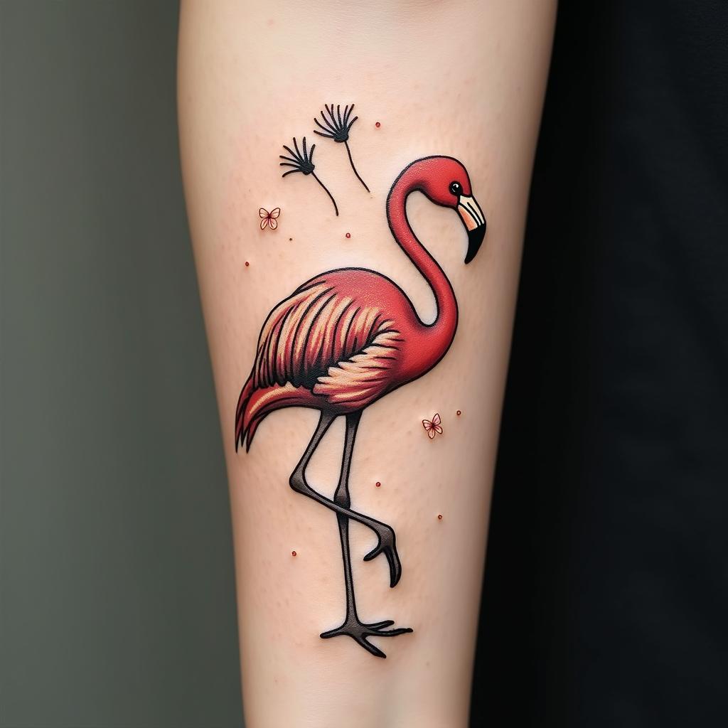 Dandelion blowing flamingo quote just breathein minimalist style tattoo, featuring simple shapes and fine lines, with minimal shading and details, tiny triangles, creating a sense of balance and harmony - Variation 3