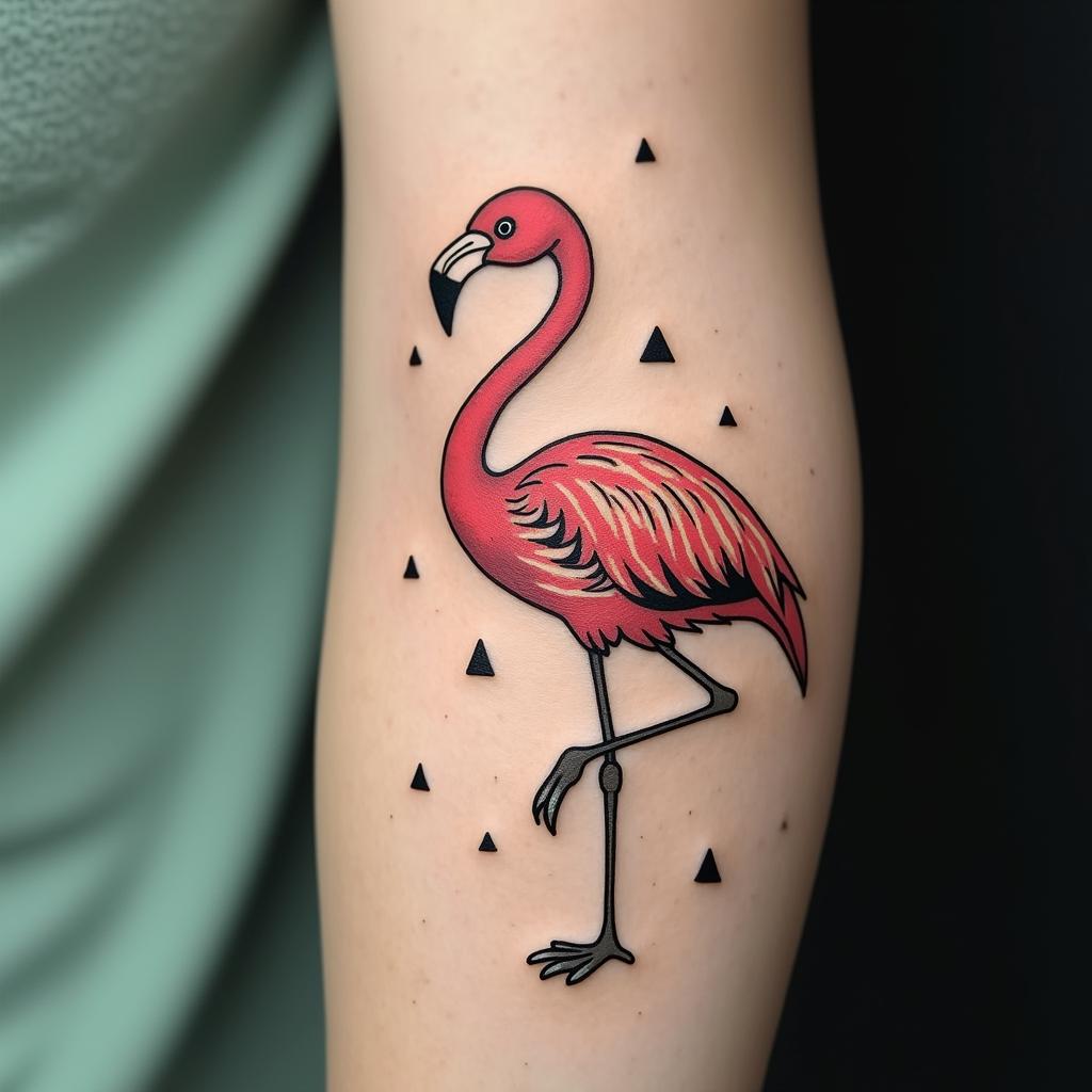 Dandelion blowing flamingo quote just breathein minimalist style tattoo, featuring simple shapes and fine lines, with minimal shading and details, tiny triangles, creating a sense of balance and harmony - Variation 4