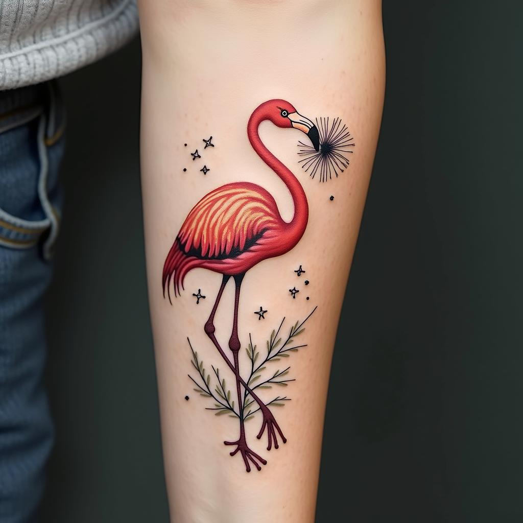 Dandelion blowing flamingo quote just breathein minimalist style tattoo, featuring simple shapes and fine lines, with minimal shading and details, tiny triangles, creating a sense of balance and harmony - Variation 2