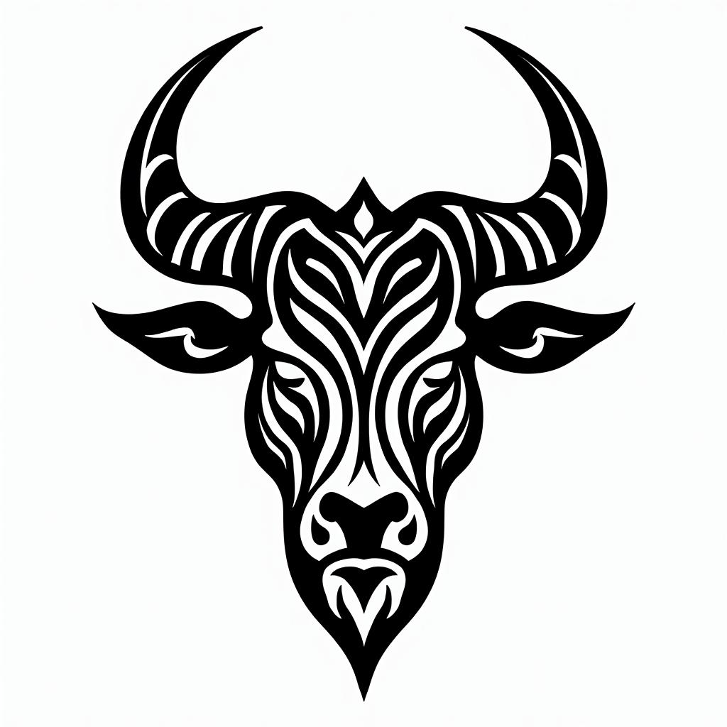 Taurus bullin tribal tattoo style, featuring bold and black geometric shapes, curved lines, intertwine and flow seamlessly, creating a powerful and symbolic design, polynesian and maori styles - Variation 2