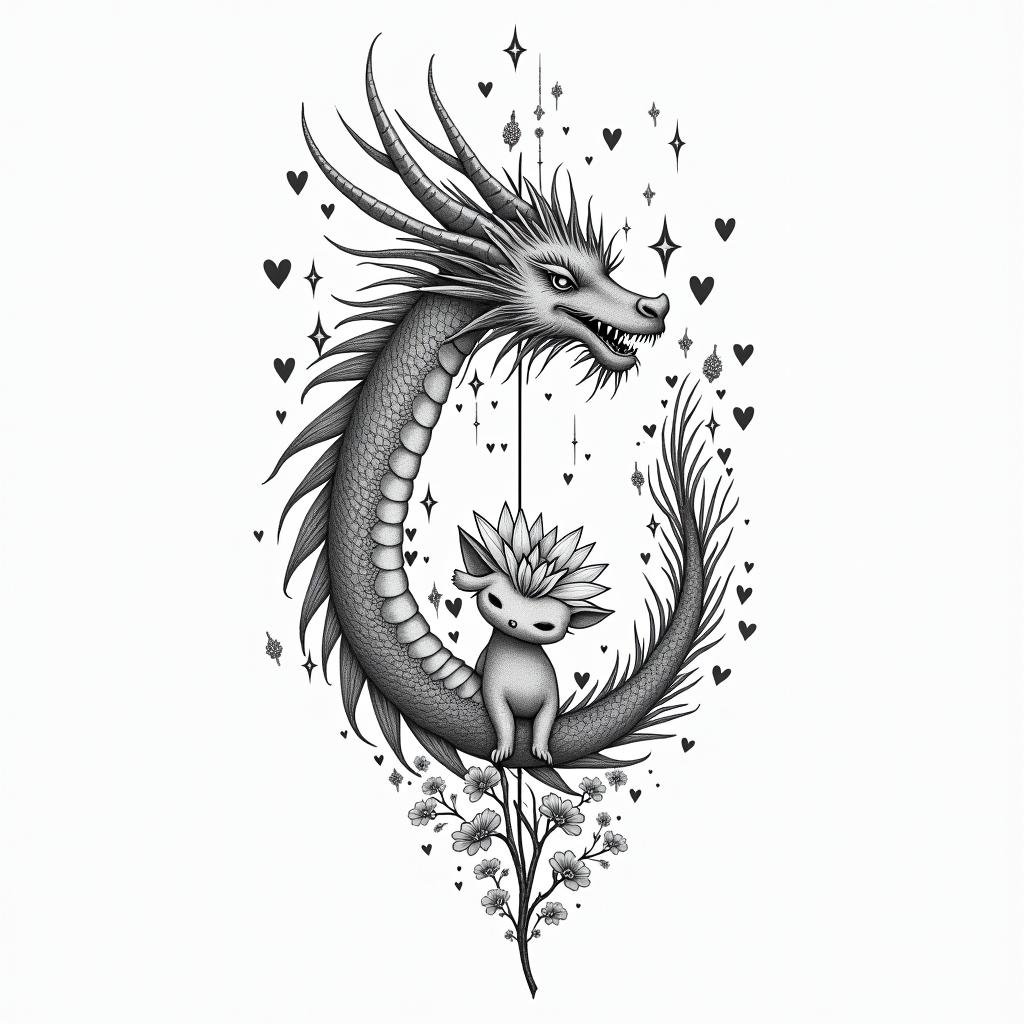 SAKURA COVERED DRAGON SPITTING HEARTS AND PETAL FLAME FLOWERS PROTECTING A BABY OXin minimalist style tattoo, featuring simple shapes and fine lines, with minimal shading and details, tiny triangles, creating a sense of balance and harmony - Variation 3
