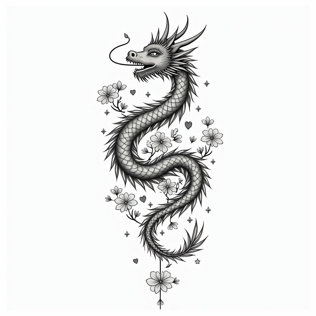 SAKURA COVERED DRAGON SPITTING HEARTS AND PETAL FLAME FLOWERS PROTECTING A BABY OXin minimalist style tattoo, featuring simple shapes and fine lines, with minimal shading and details, tiny triangles, creating a sense of balance and harmony - Variation 2