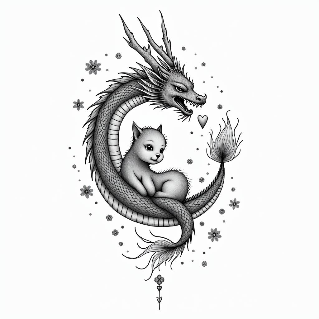 SAKURA COVERED DRAGON SPITTING HEARTS AND PETAL FLAME FLOWERS PROTECTING A BABY OXin minimalist style tattoo, featuring simple shapes and fine lines, with minimal shading and details, tiny triangles, creating a sense of balance and harmony - Variation 4