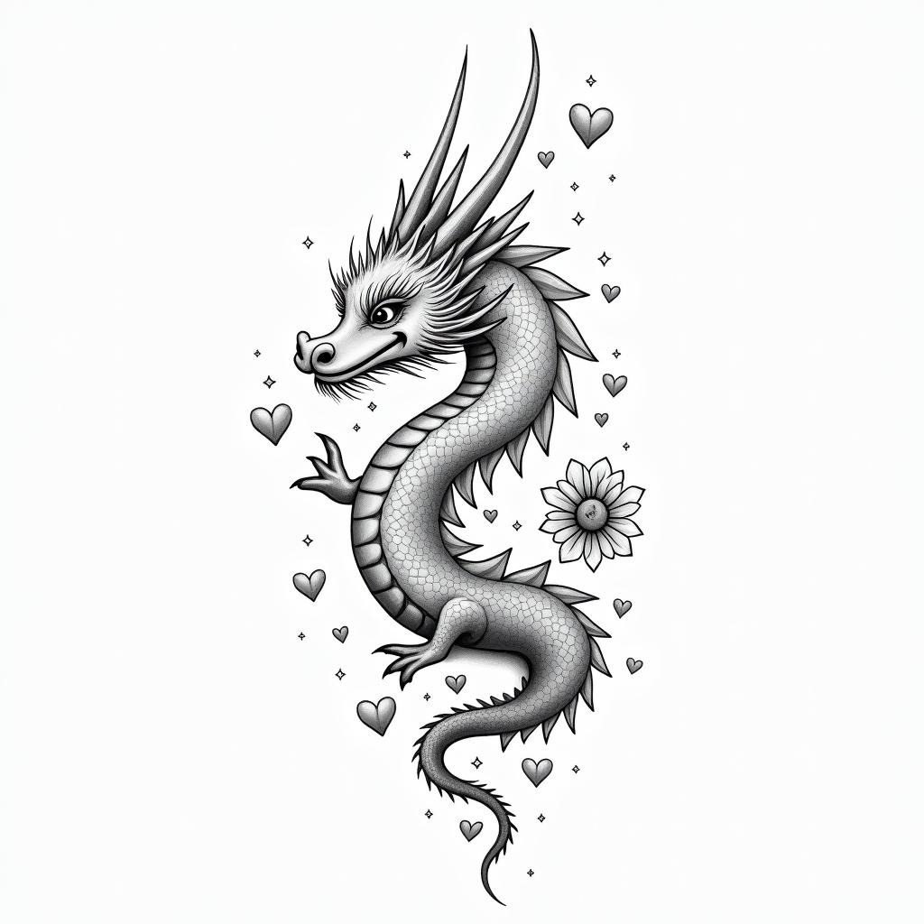 SAKURA COVERED DRAGON SPITTING HEARTS AND PETAL FLAME FLOWERS PROTECTING A BABY OXin minimalist style tattoo, featuring simple shapes and fine lines, with minimal shading and details, tiny triangles, creating a sense of balance and harmony