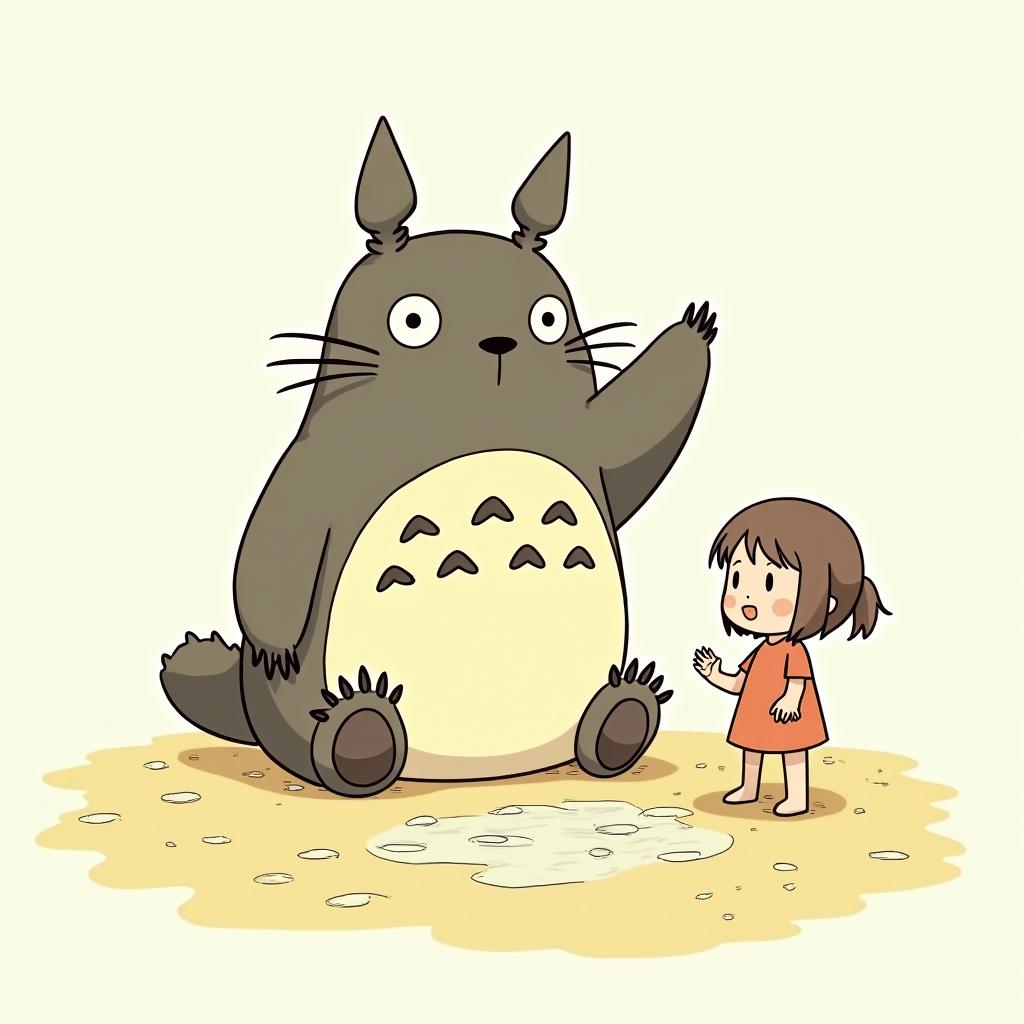 Totoro fingers lost girl while high on bath saltsGhibli, Studio Ghibli aesthetic, hand-drawn anime style, retro nostalgic atmosphere, retro soft pastel color palette with earthy tones, retro Japanese cinematic shot, yellow tint effect, bald character, smooth surface, anime shadow 90's anime style - Variation 3