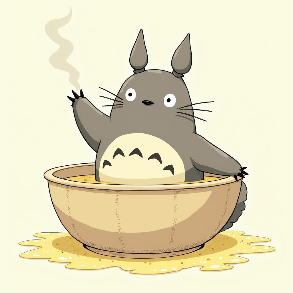 Totoro fingers lost girl while high on bath saltsGhibli, Studio Ghibli aesthetic, hand-drawn anime style, retro nostalgic atmosphere, retro soft pastel color palette with earthy tones, retro Japanese cinematic shot, yellow tint effect, bald character, smooth surface, anime shadow 90's anime style - Variation 2