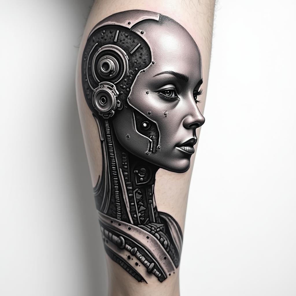 Mopartattoo in biomechanic style, the tattoo covered by robotic elements of futuristic cyberpunk design, robotic features detail, showcasing intricate mechanical components