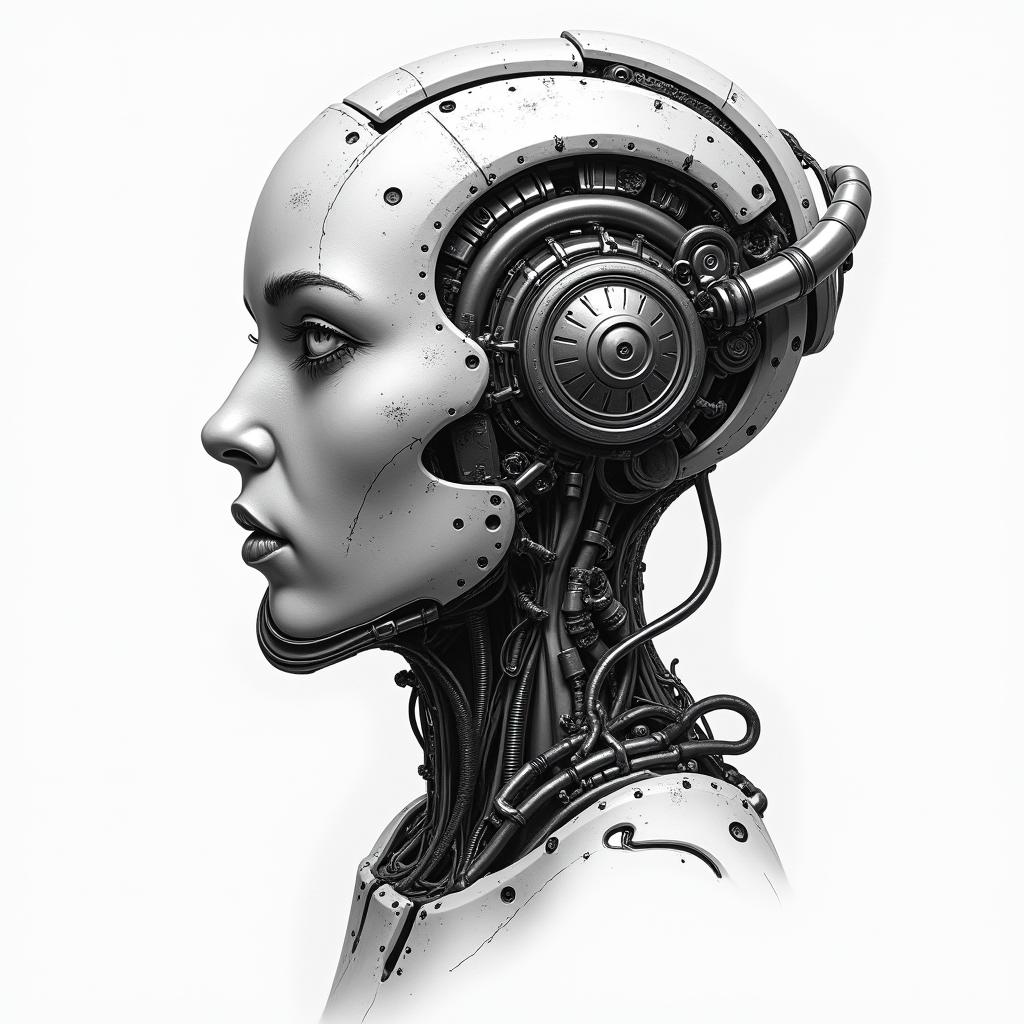 Mopartattoo in biomechanic style, the tattoo covered by robotic elements of futuristic cyberpunk design, robotic features detail, showcasing intricate mechanical components - Variation 3