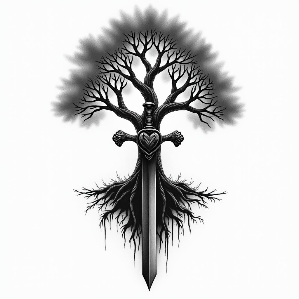 tree of life, sunrise, sword, heart with keyhigly detailed tattoo - Variation 5