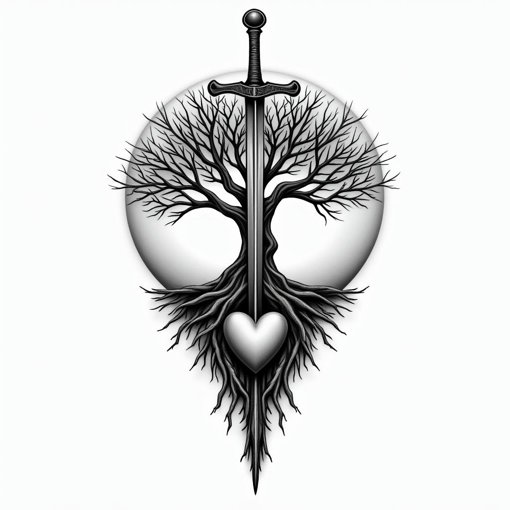 tree of life, sunrise, sword, heart with keyhigly detailed tattoo - Variation 6