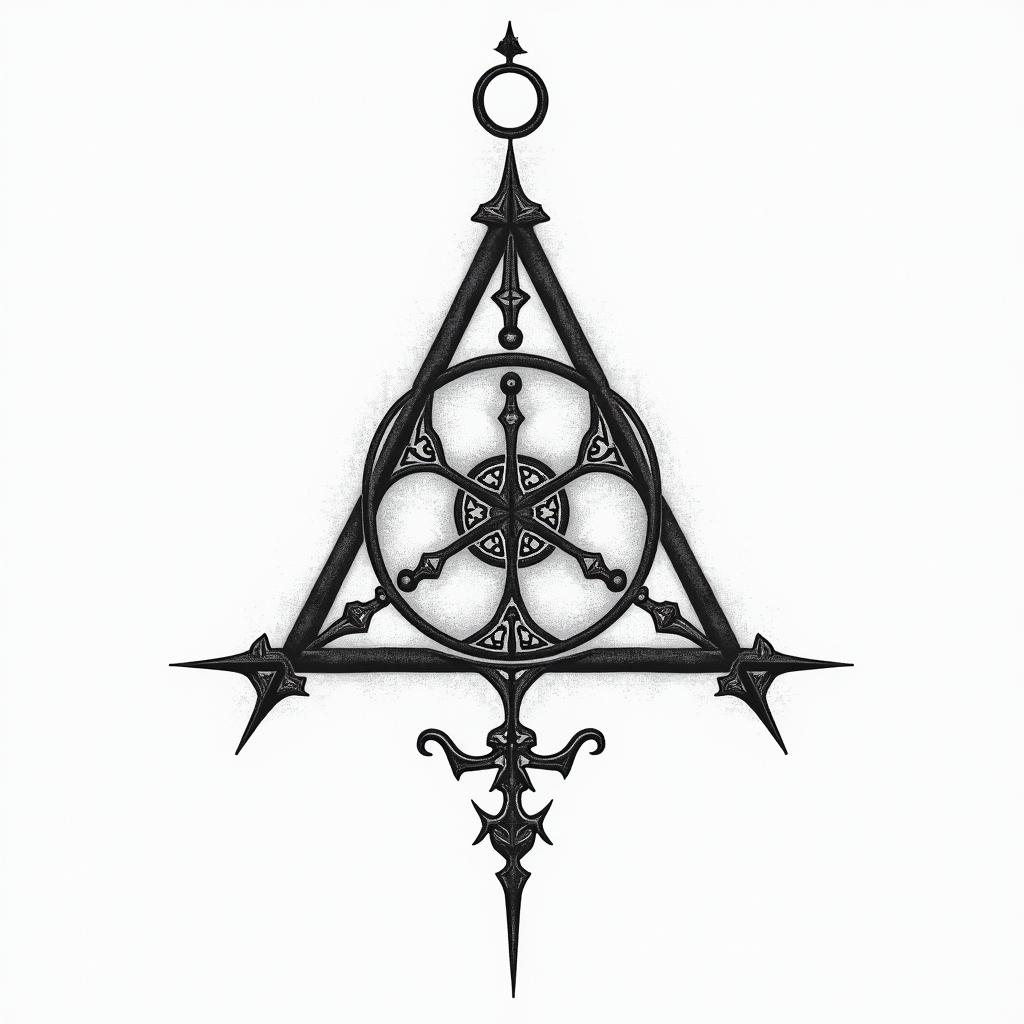 Simple triangle with a line throughin paganic style tattoo, featuring ancient symbols, add vegvisir symbol, mystical figures, incorporating designs, pentagrams, runes, crescent moons, - Variation 7