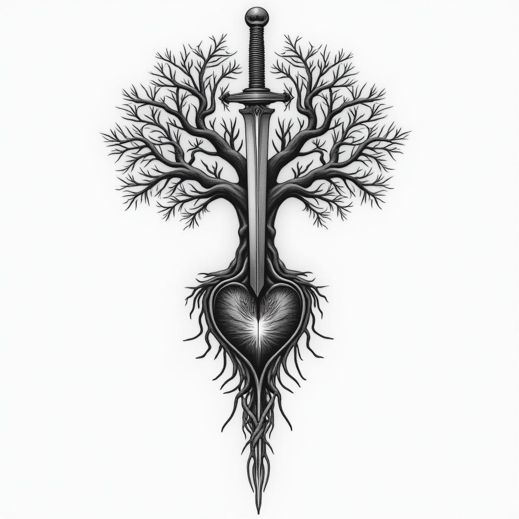 tree of life, sunrise, sword, heart with keyhigly detailed tattoo - Variation 7