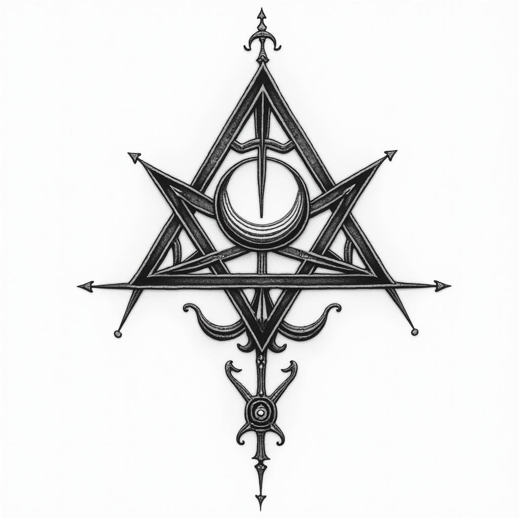 Simple triangle with a line throughin paganic style tattoo, featuring ancient symbols, add vegvisir symbol, mystical figures, incorporating designs, pentagrams, runes, crescent moons, - Variation 8