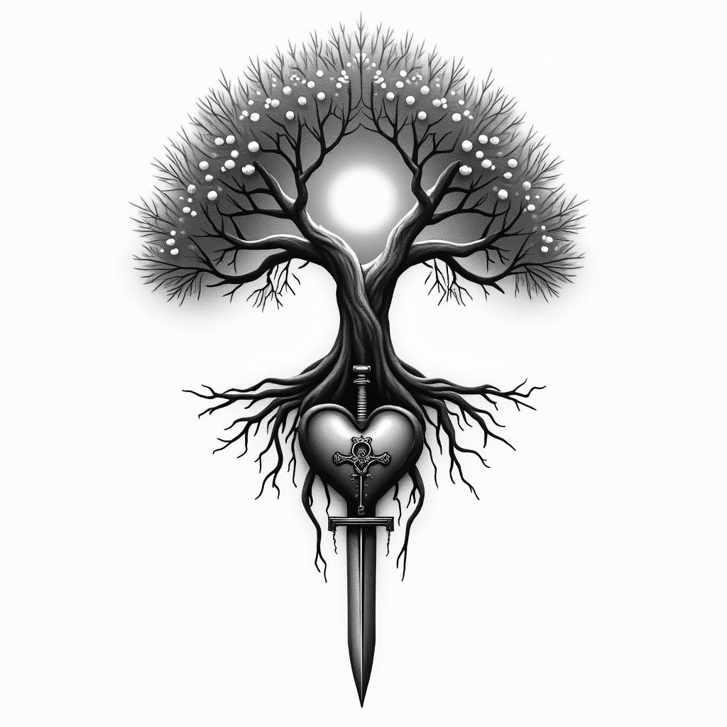 tree of life, sunrise, sword, heart with keyhigly detailed tattoo - Variation 8