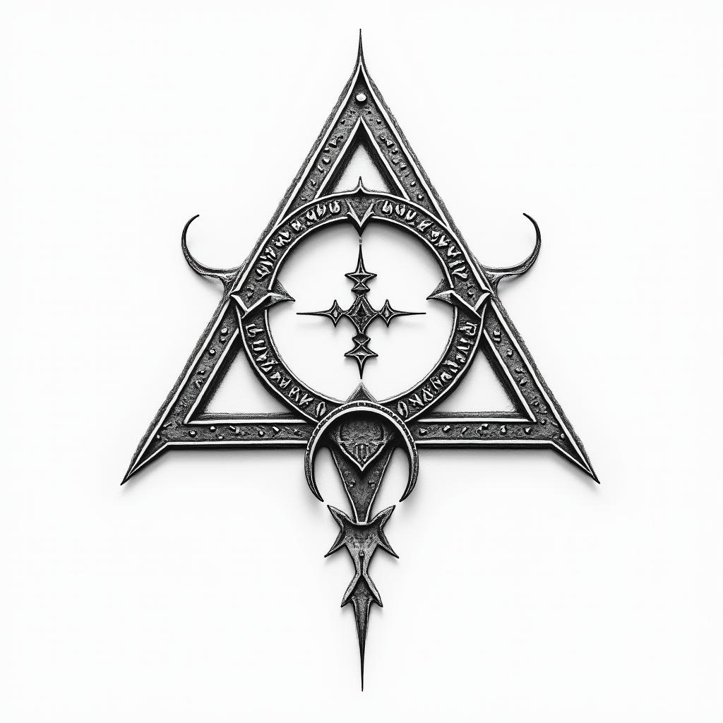 Simple triangle with a line throughin paganic style tattoo, featuring ancient symbols, add vegvisir symbol, mystical figures, incorporating designs, pentagrams, runes, crescent moons, - Variation 5