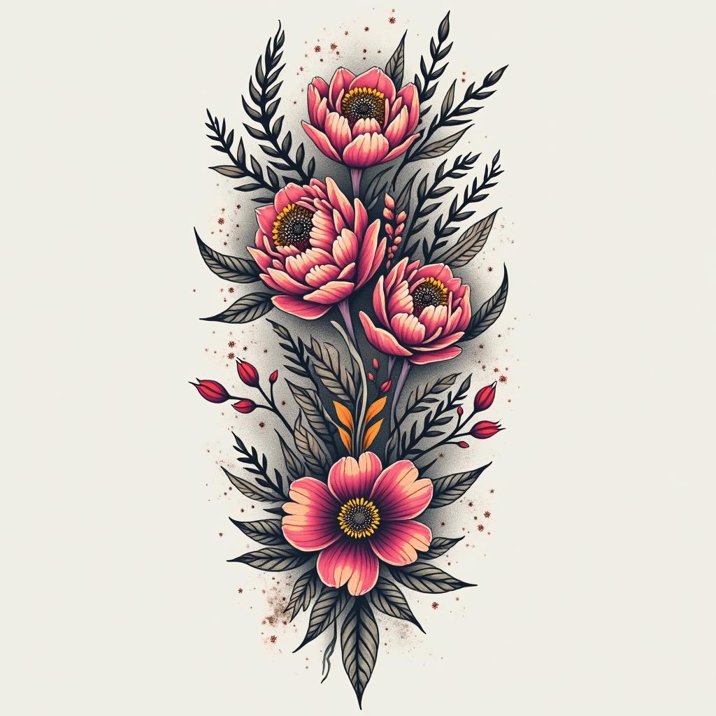 A vibrant, artistic cover-up tattoo for a 34-year-old female, transforming an existing text tattoo into a new design that conveys strength and resilience. The artwork features a mix of delicate and bold elements, including a beautifully intertwined floral pattern, abstract shapes, and a subtle play of colors blending in with striking black and gray. The design should symbolize empowerment and personal growth while being unique and captivating.higly detailed tattoo - Variation 2