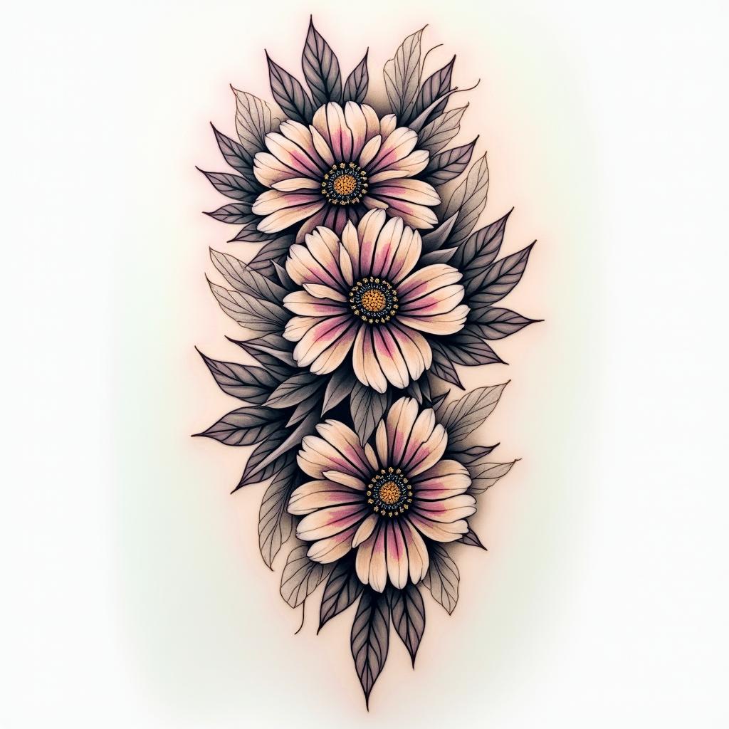 A vibrant, artistic cover-up tattoo for a 34-year-old female, transforming an existing text tattoo into a new design that conveys strength and resilience. The artwork features a mix of delicate and bold elements, including a beautifully intertwined floral pattern, abstract shapes, and a subtle play of colors blending in with striking black and gray. The design should symbolize empowerment and personal growth while being unique and captivating.higly detailed tattoo - Variation 4
