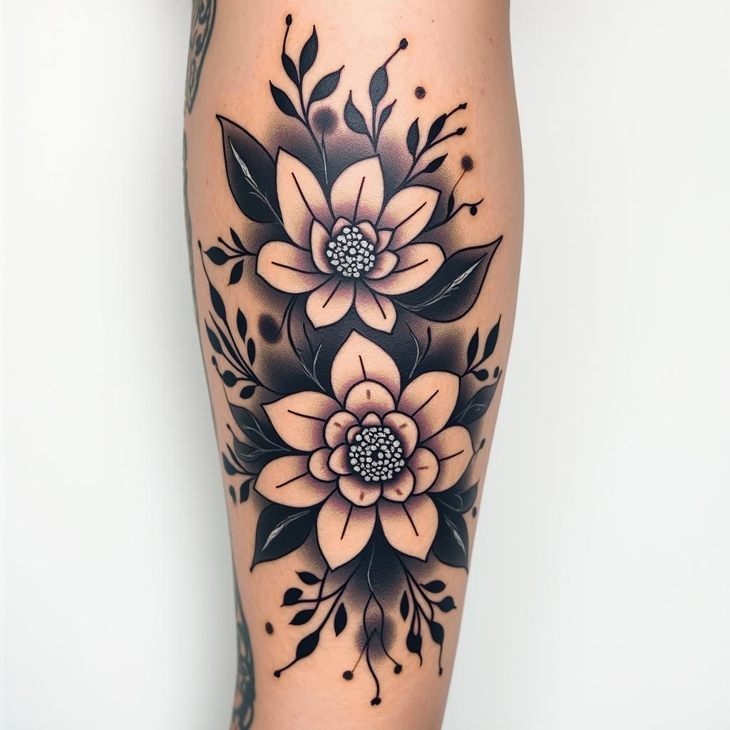 A vibrant, artistic cover-up tattoo for a 34-year-old female, transforming an existing text tattoo into a new design that conveys strength and resilience. The artwork features a mix of delicate and bold elements, including a beautifully intertwined floral pattern, abstract shapes, and a subtle play of colors blending in with striking black and gray. The design should symbolize empowerment and personal growth while being unique and captivating.higly detailed tattoo - Variation 3
