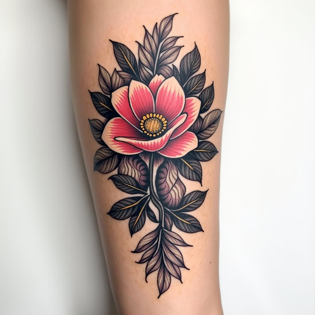 A vibrant, artistic cover-up tattoo for a 34-year-old female, transforming an existing text tattoo into a new design that conveys strength and resilience. The artwork features a mix of delicate and bold elements, including a beautifully intertwined floral pattern, abstract shapes, and a subtle play of colors blending in with striking black and gray. The design should symbolize empowerment and personal growth while being unique and captivating.higly detailed tattoo