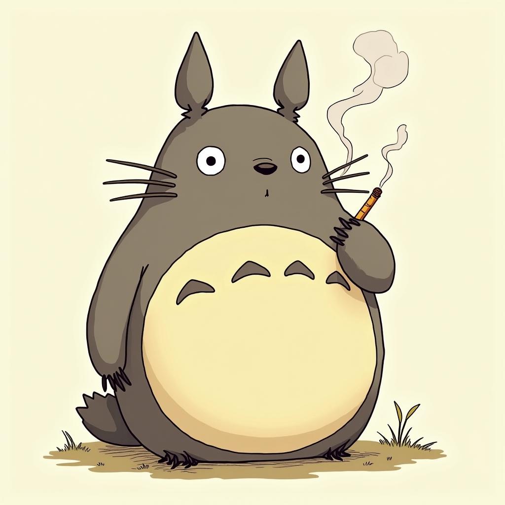 Totoro smoke a jointGhibli, Studio Ghibli aesthetic, hand-drawn anime style, retro nostalgic atmosphere, retro soft pastel color palette with earthy tones, retro Japanese cinematic shot, yellow tint effect, bald character, smooth surface, anime shadow 90's anime style