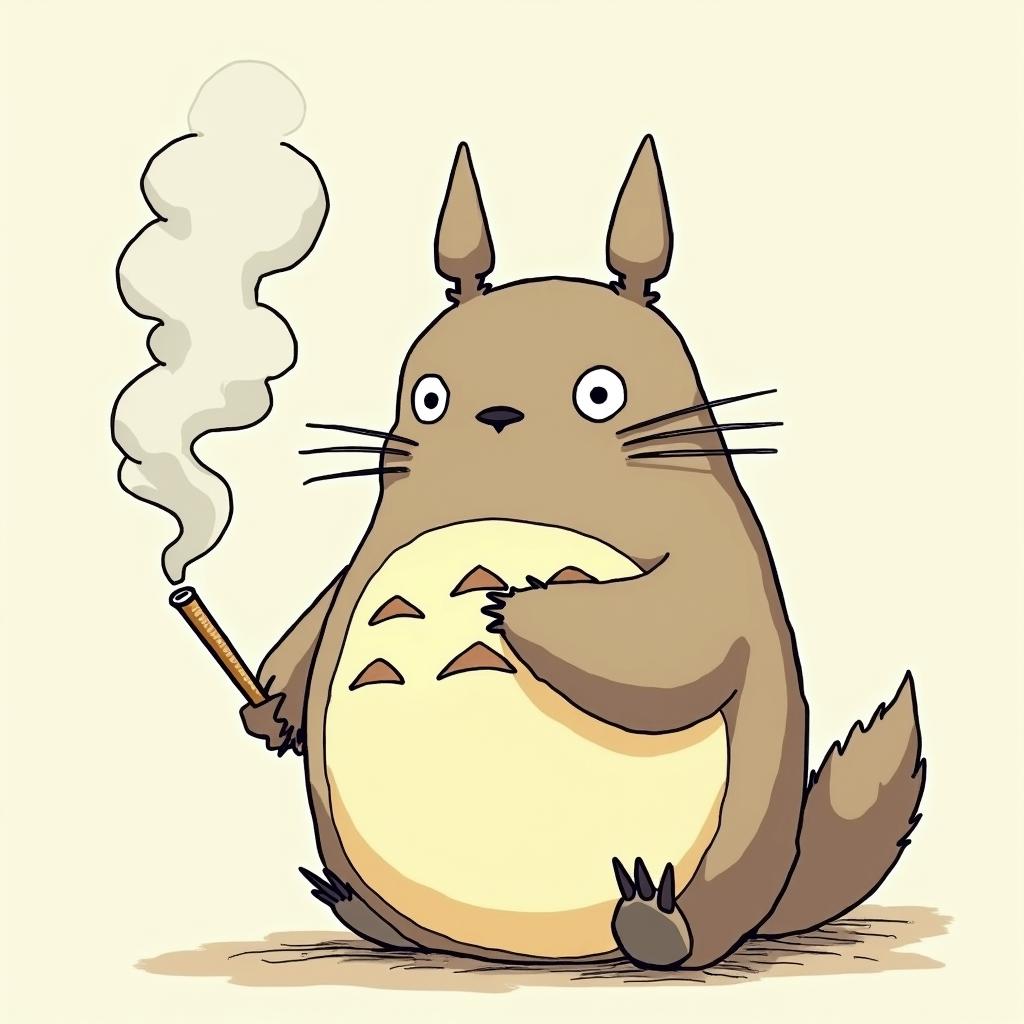 Totoro smoke a jointGhibli, Studio Ghibli aesthetic, hand-drawn anime style, retro nostalgic atmosphere, retro soft pastel color palette with earthy tones, retro Japanese cinematic shot, yellow tint effect, bald character, smooth surface, anime shadow 90's anime style - Variation 2