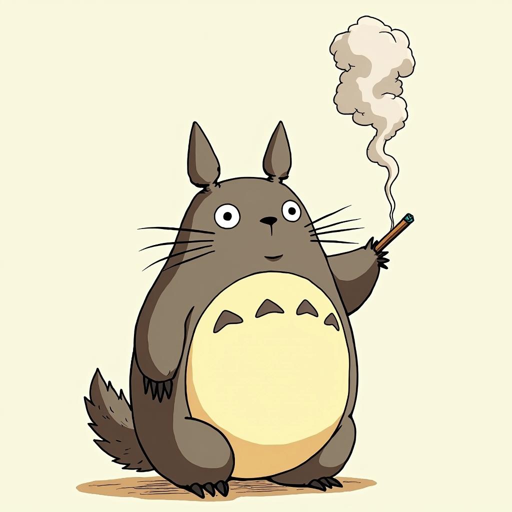 Totoro smoke a jointGhibli, Studio Ghibli aesthetic, hand-drawn anime style, retro nostalgic atmosphere, retro soft pastel color palette with earthy tones, retro Japanese cinematic shot, yellow tint effect, bald character, smooth surface, anime shadow 90's anime style - Variation 4