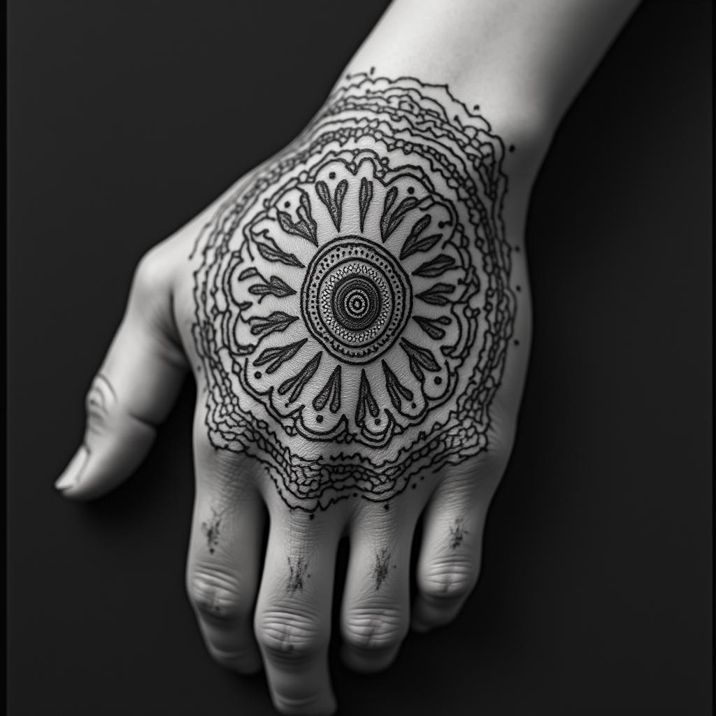 My pains of love, abandonment, betrayal, loss, mourning,in dotwork style tattoo, complex mandala patterns, interlocking geometric shapes with sharp symmetry, clean lines, sharp angles - Variation 3