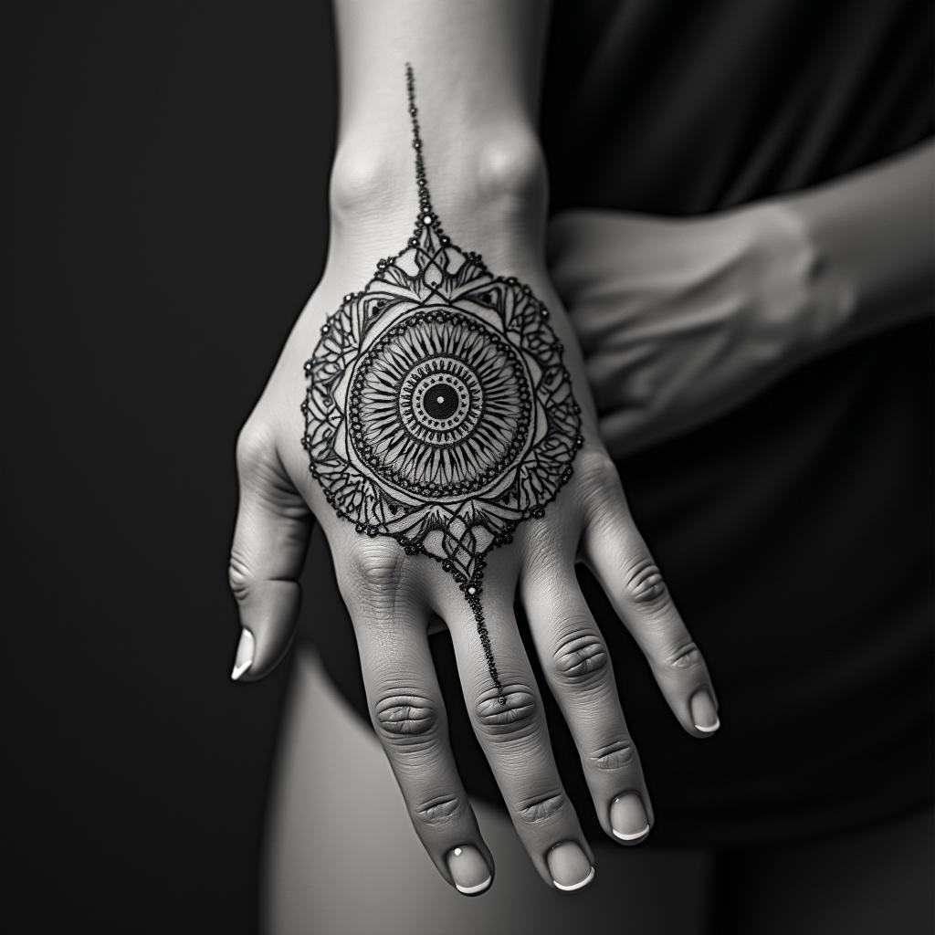 My pains of love, abandonment, betrayal, loss, mourning,in dotwork style tattoo, complex mandala patterns, interlocking geometric shapes with sharp symmetry, clean lines, sharp angles - Variation 2