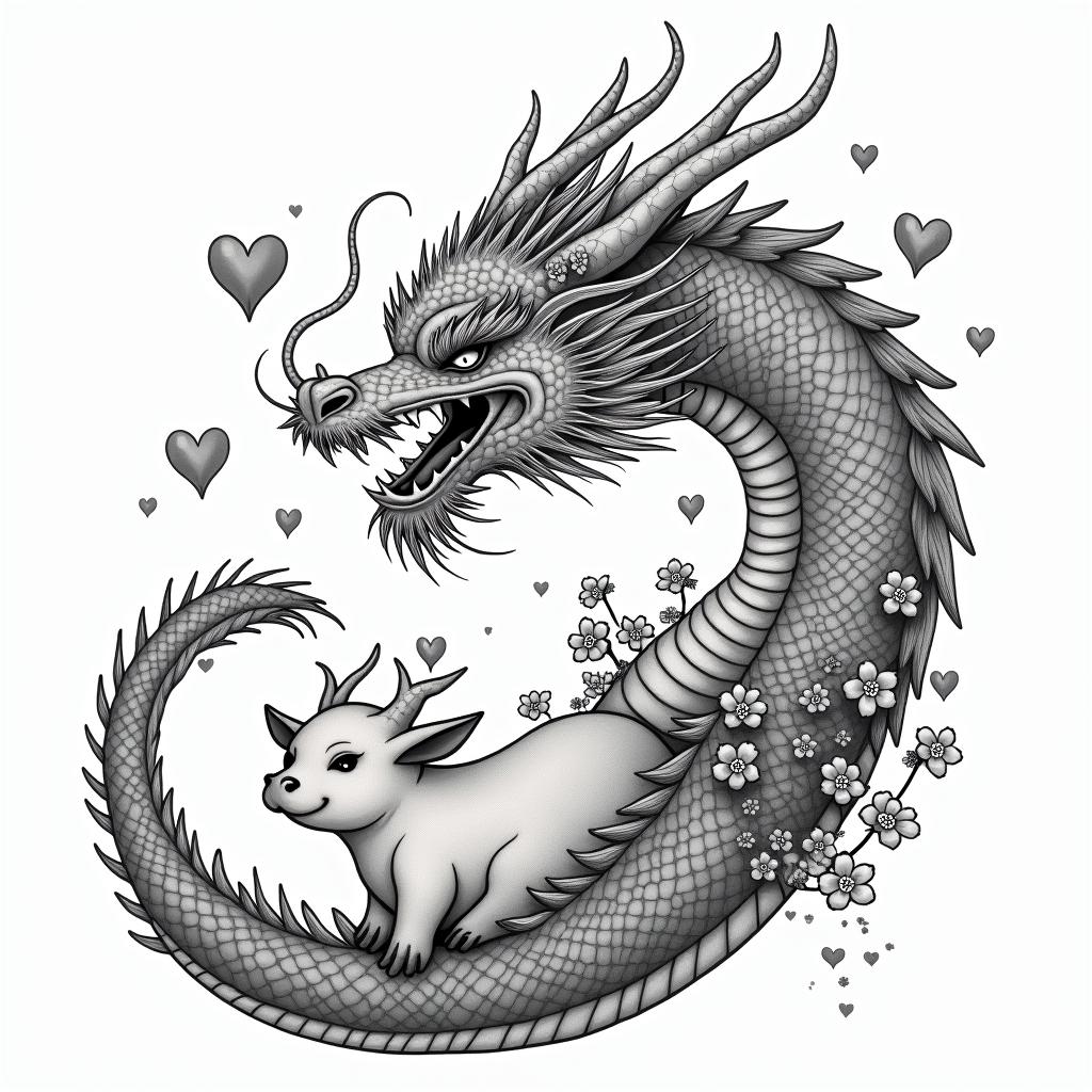 SAKURA COVERED DRAGON SPITTING HEARTS AND PETAL FLAME FLOWERS  PROTECTING A BABY COWin japanese style tattoo, detailed tattoo, traditional japanese culture tattoo, mythology, 8k - Variation 3