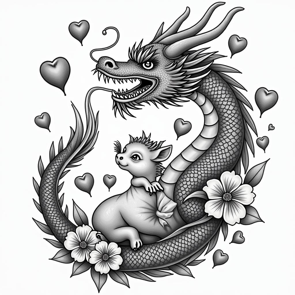 SAKURA COVERED DRAGON SPITTING HEARTS AND PETAL FLAME FLOWERS  PROTECTING A BABY COWin japanese style tattoo, detailed tattoo, traditional japanese culture tattoo, mythology, 8k - Variation 2