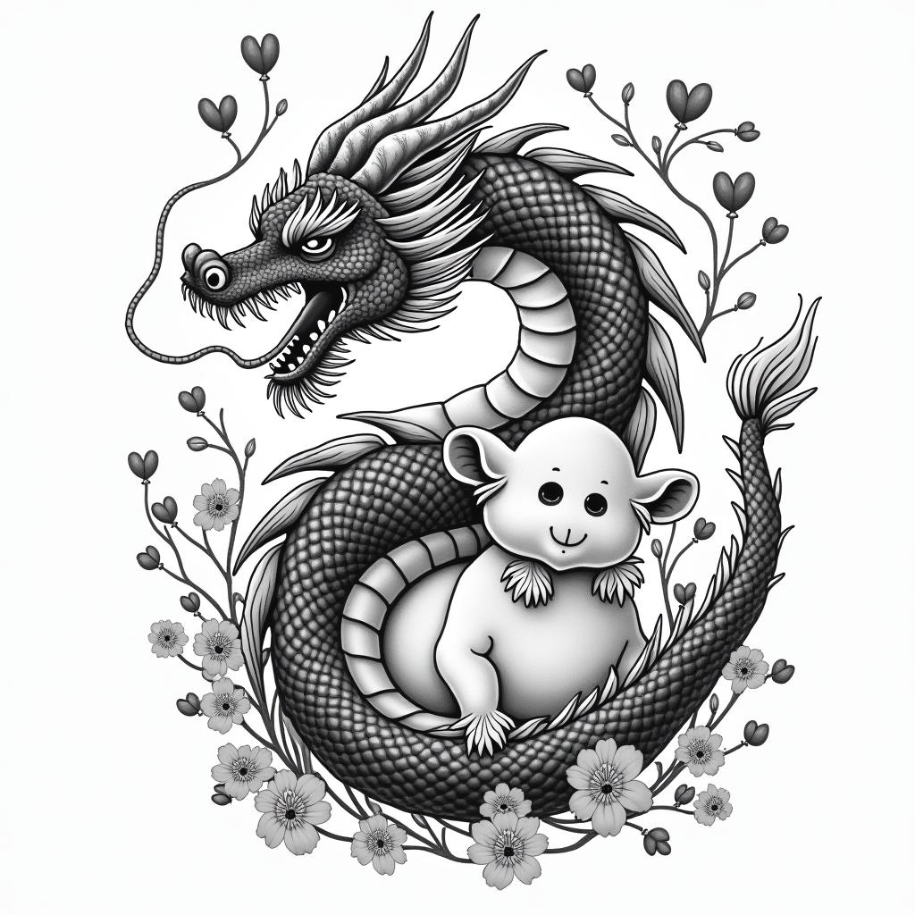 SAKURA COVERED DRAGON SPITTING HEARTS AND PETAL FLAME FLOWERS  PROTECTING A BABY COWin japanese style tattoo, detailed tattoo, traditional japanese culture tattoo, mythology, 8k - Variation 4