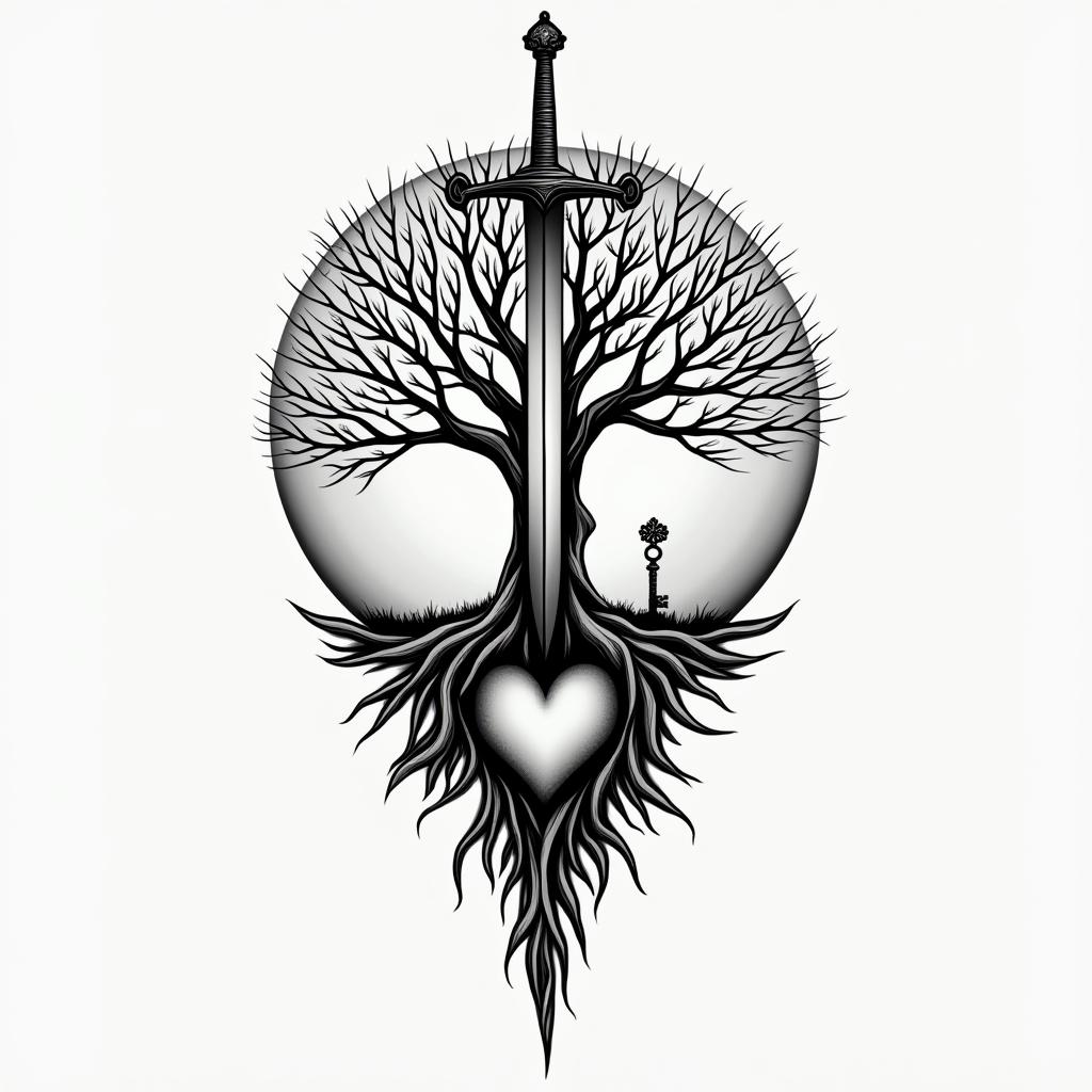 tree of life, sunrise, sword, heart with keyhigly detailed tattoo - Variation 2