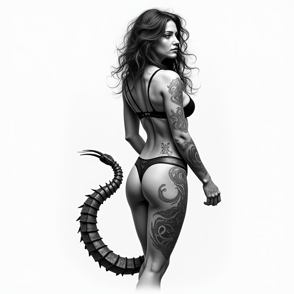 Virgo female with Scorpio tailin realism tattoo style, featuring a highly detailed, lifelike, capturing every detail, photorealistic, ultra realistic, intricate shading, smooth and sharp,  