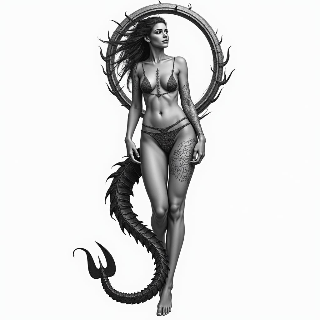 Virgo female with Scorpio tailin realism tattoo style, featuring a highly detailed, lifelike, capturing every detail, photorealistic, ultra realistic, intricate shading, smooth and sharp,   - Variation 2