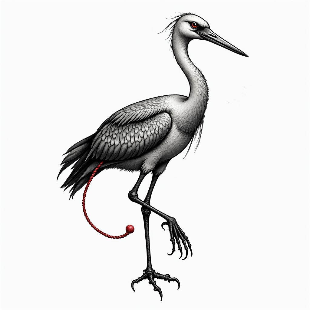 Simple heron with red stringhigly detailed tattoo - Variation 4