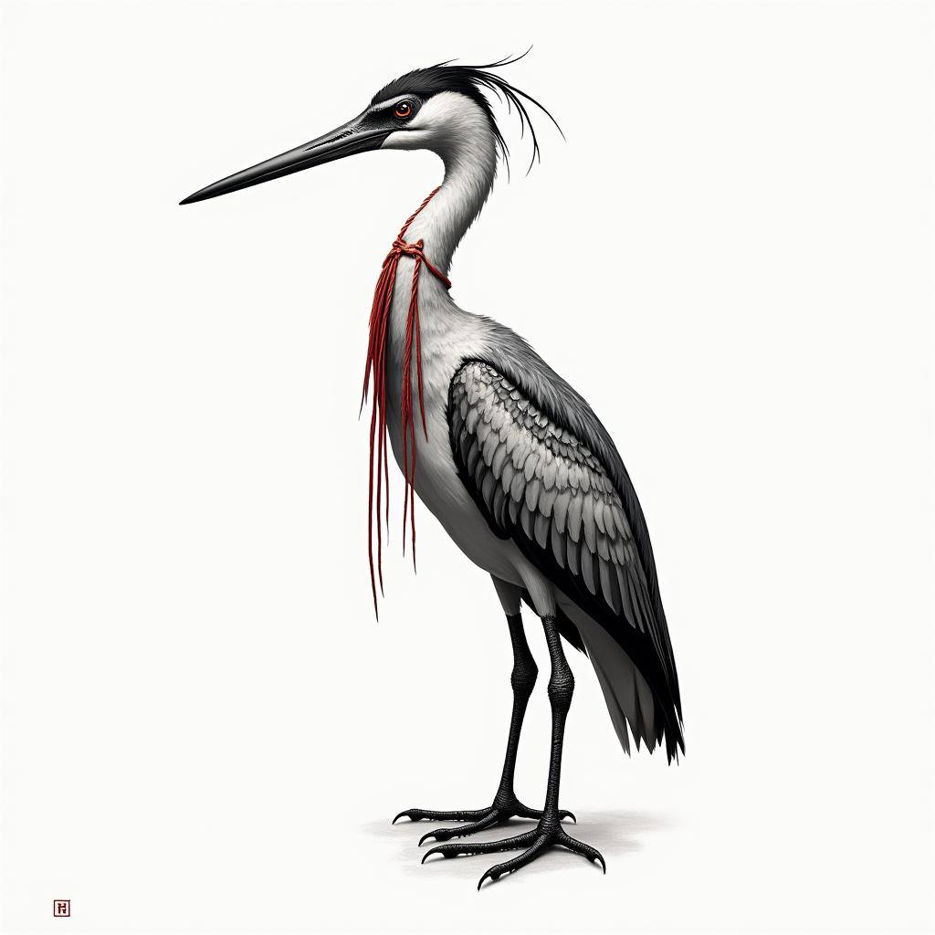 Simple heron with red stringhigly detailed tattoo - Variation 2