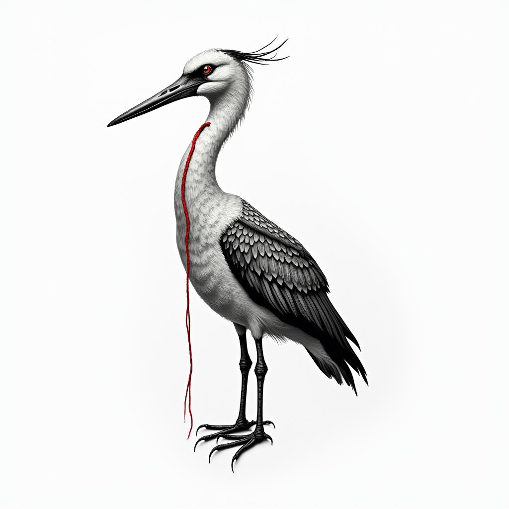 Simple heron with red stringhigly detailed tattoo
