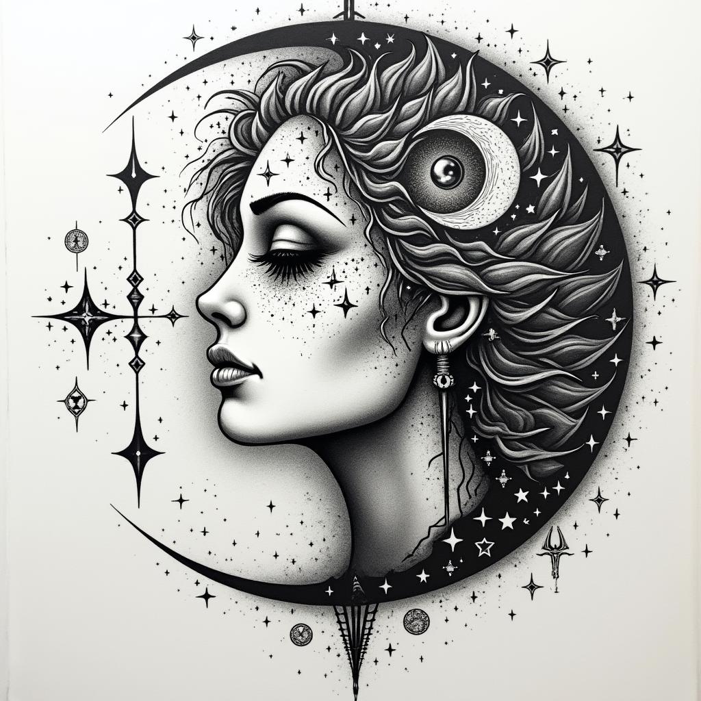 Lunain prophecy tattoo style, featuring mystical symbols, celestial imagery like stars, moons, suns, geometric patterns, foretelling elements, an eye of wisdom - Variation 2