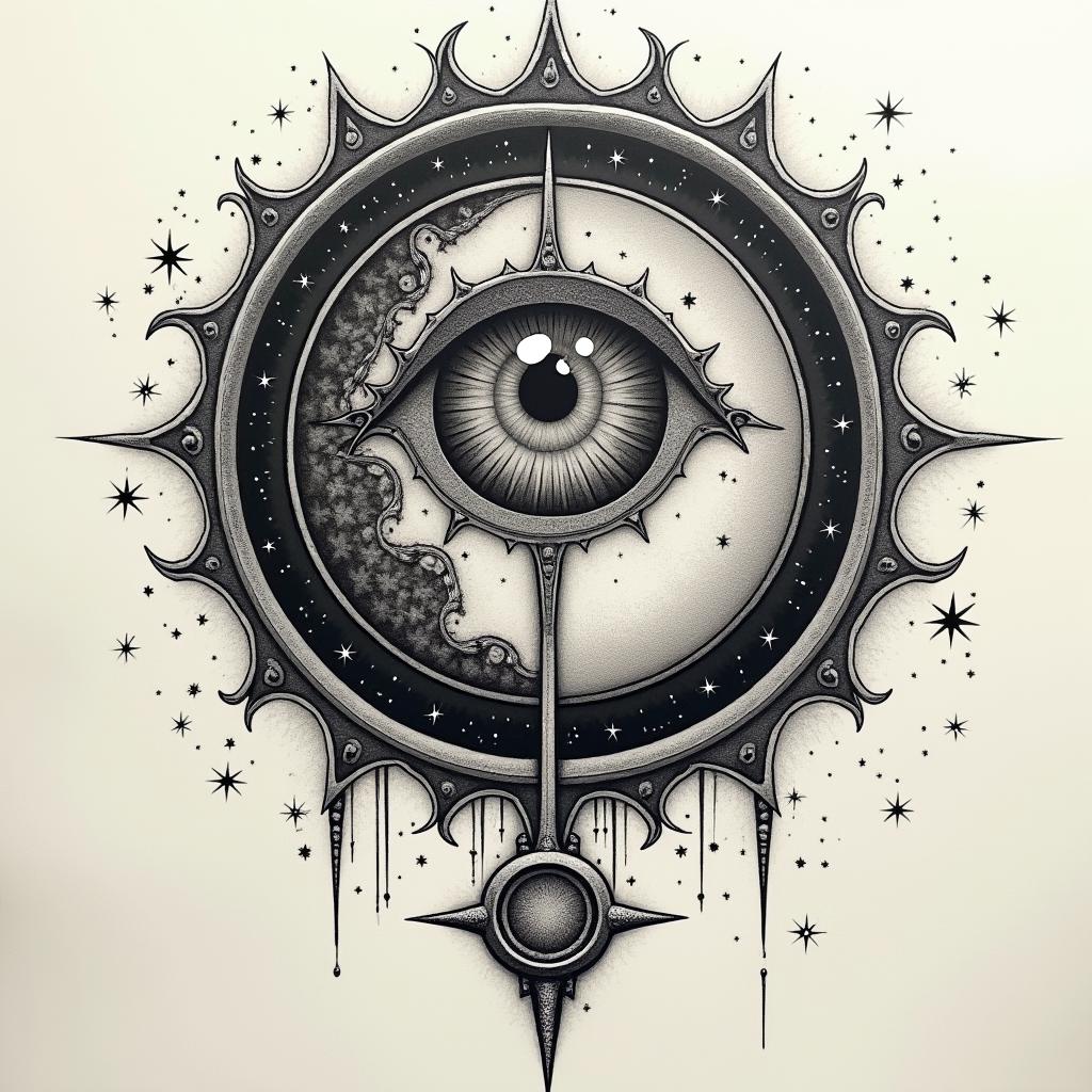 Lunain prophecy tattoo style, featuring mystical symbols, celestial imagery like stars, moons, suns, geometric patterns, foretelling elements, an eye of wisdom - Variation 3