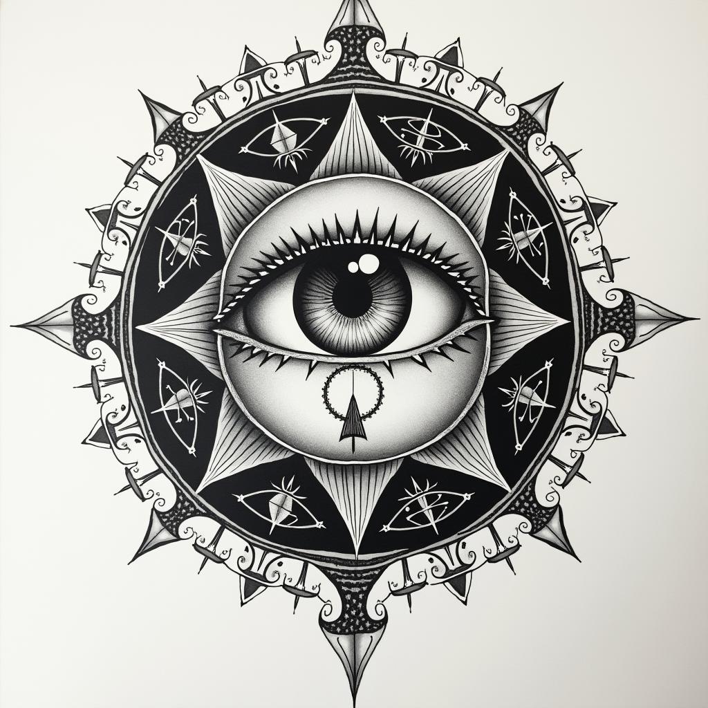 Lunain prophecy tattoo style, featuring mystical symbols, celestial imagery like stars, moons, suns, geometric patterns, foretelling elements, an eye of wisdom