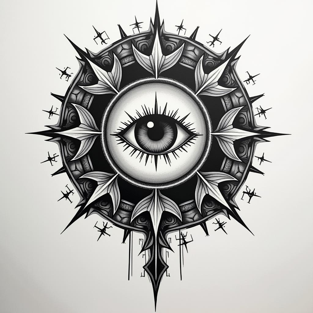Lunain prophecy tattoo style, featuring mystical symbols, celestial imagery like stars, moons, suns, geometric patterns, foretelling elements, an eye of wisdom - Variation 4